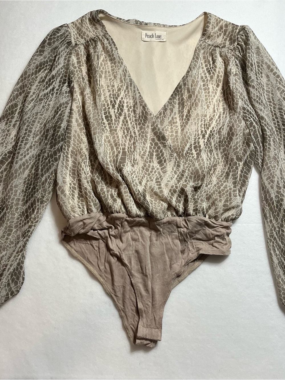 Peach Love California Taupe & Cream Snake-Print Wrap Bodysuit